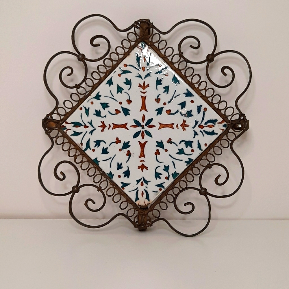 Trivet Sarreguemines French Rare Metal Tile Trivet